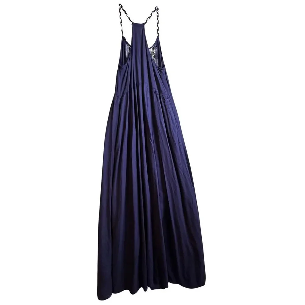 Pull & Bear Navy Embroidered Maxi Dress Boho Racerback Sleeveless Small